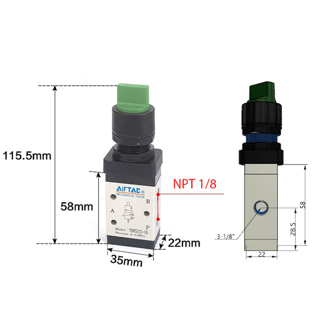 Airtac M3HS210-06: Manual Valve. 3 Way - M3HS21006GT