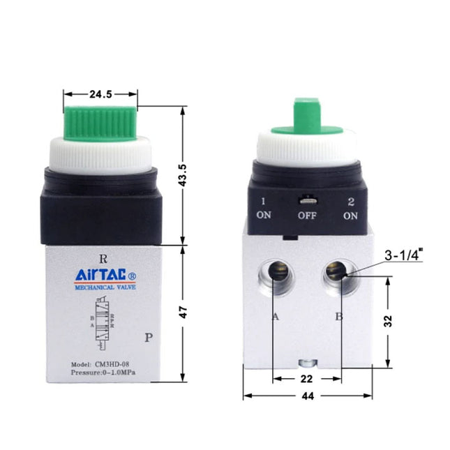 Airtac CM3HD-08: Manual Valve. 5 Way - CM3HD08G