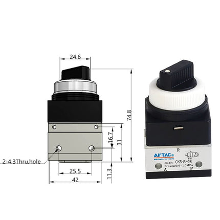 Airtac CM3HS-05: Manual Valve. 3 Way - CM3HS05B