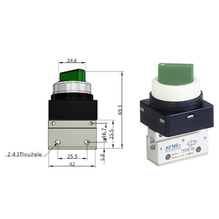 Airtac CM3HS-06: Manual Valve. 3 Way - CM3HS06GG