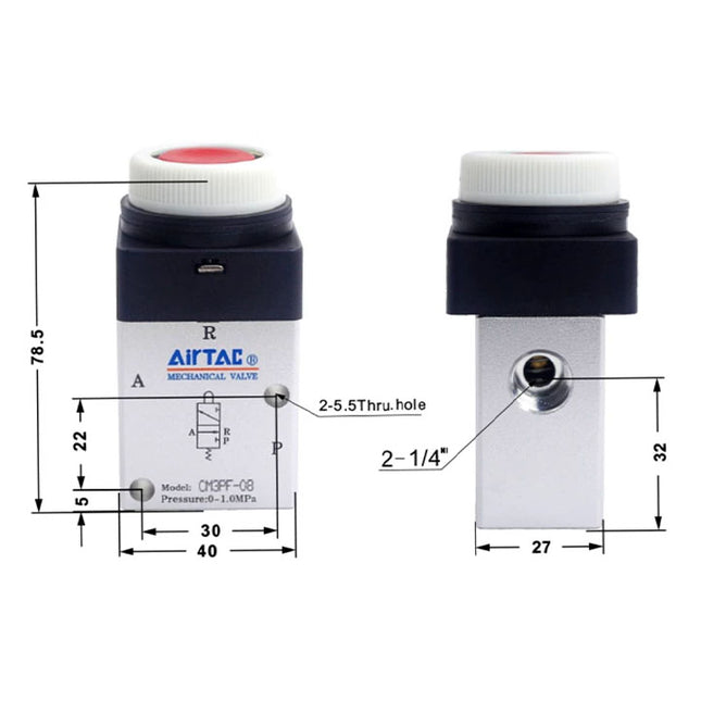Airtac CM3PF-08: Manual Valve. 3 Way - CM3PF08R