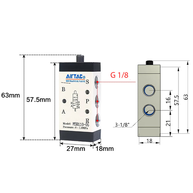 Airtac M5B110-06: Manual Valve. 5 Way - M5B11006G